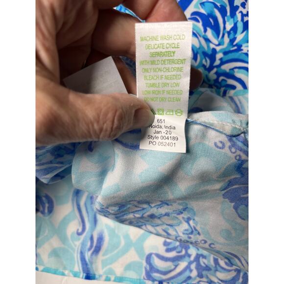 Pineapple Print Tunic Top S Bell Sleeve Blue White Boho‎ Resort Vacation Rayon - Picture 10 of 10